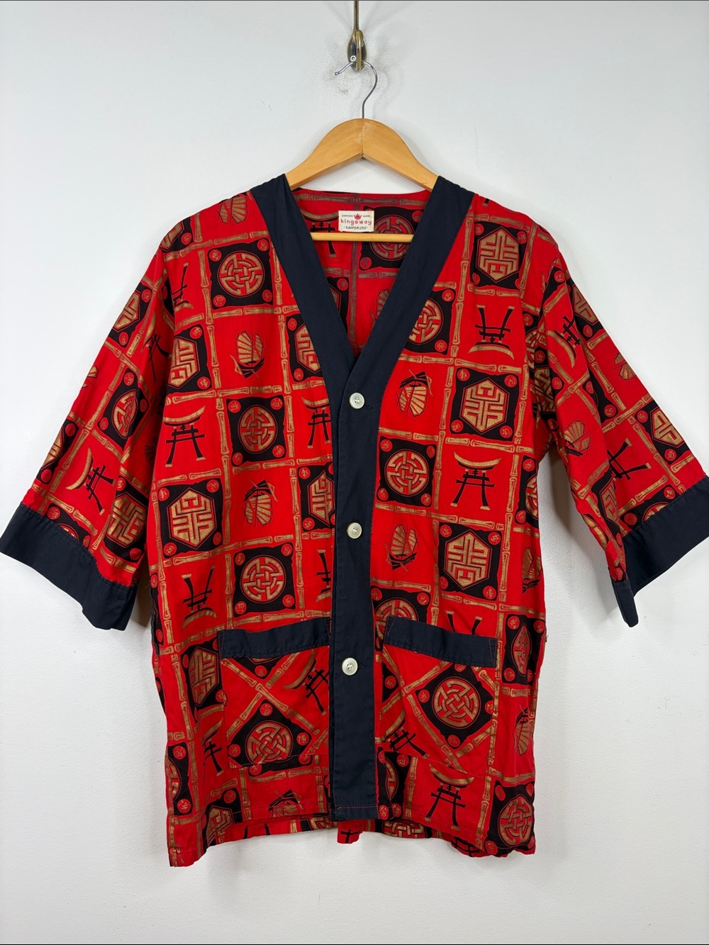 Vintage Kimono Shirt Mens Large XL Red Black Gold Japanese Sanforized Retro 70s